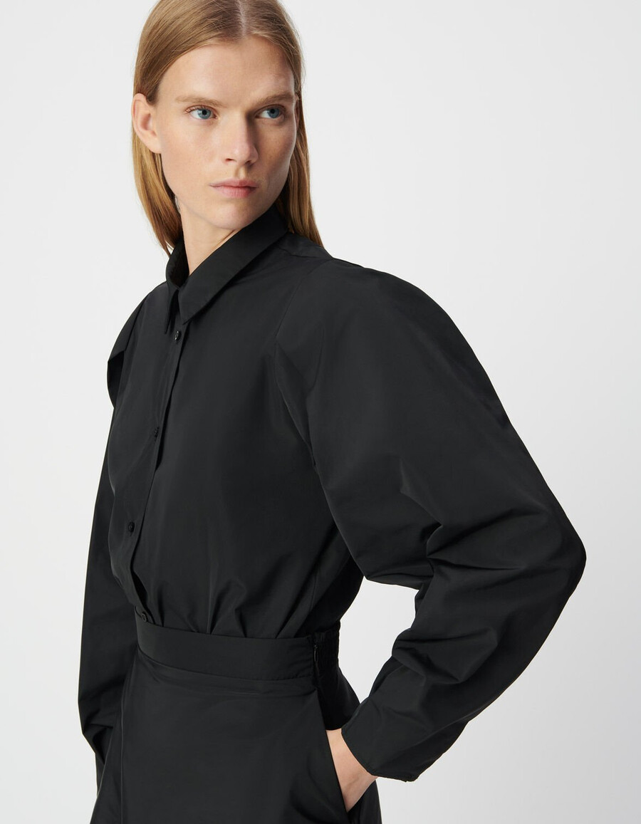 camisa de tafetán de satén negro para mujer