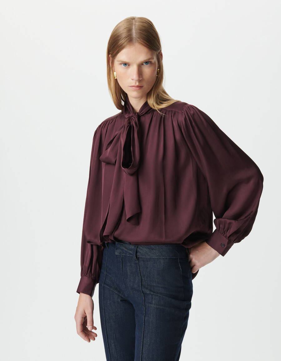 camisa de satén burdeos con lazo para mujer