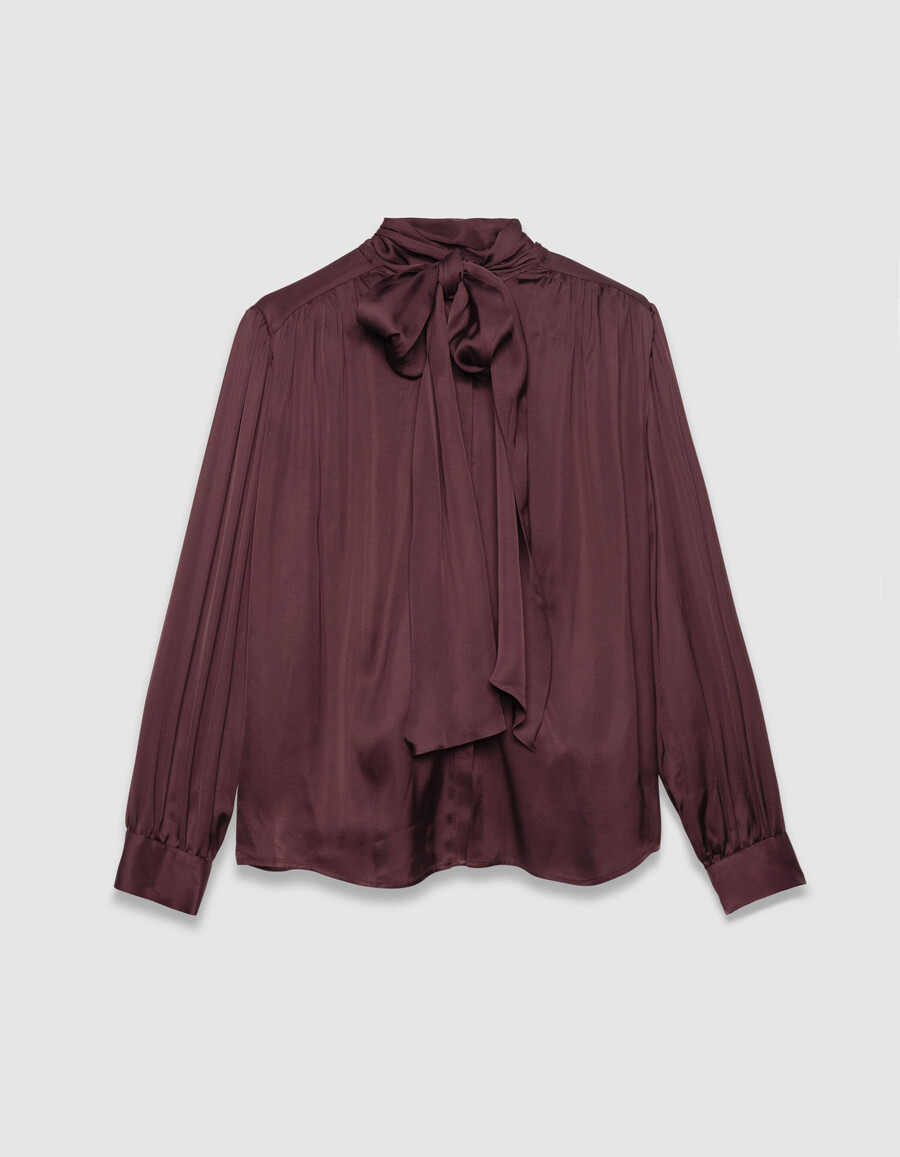camisa de satén burdeos con lazo para mujer