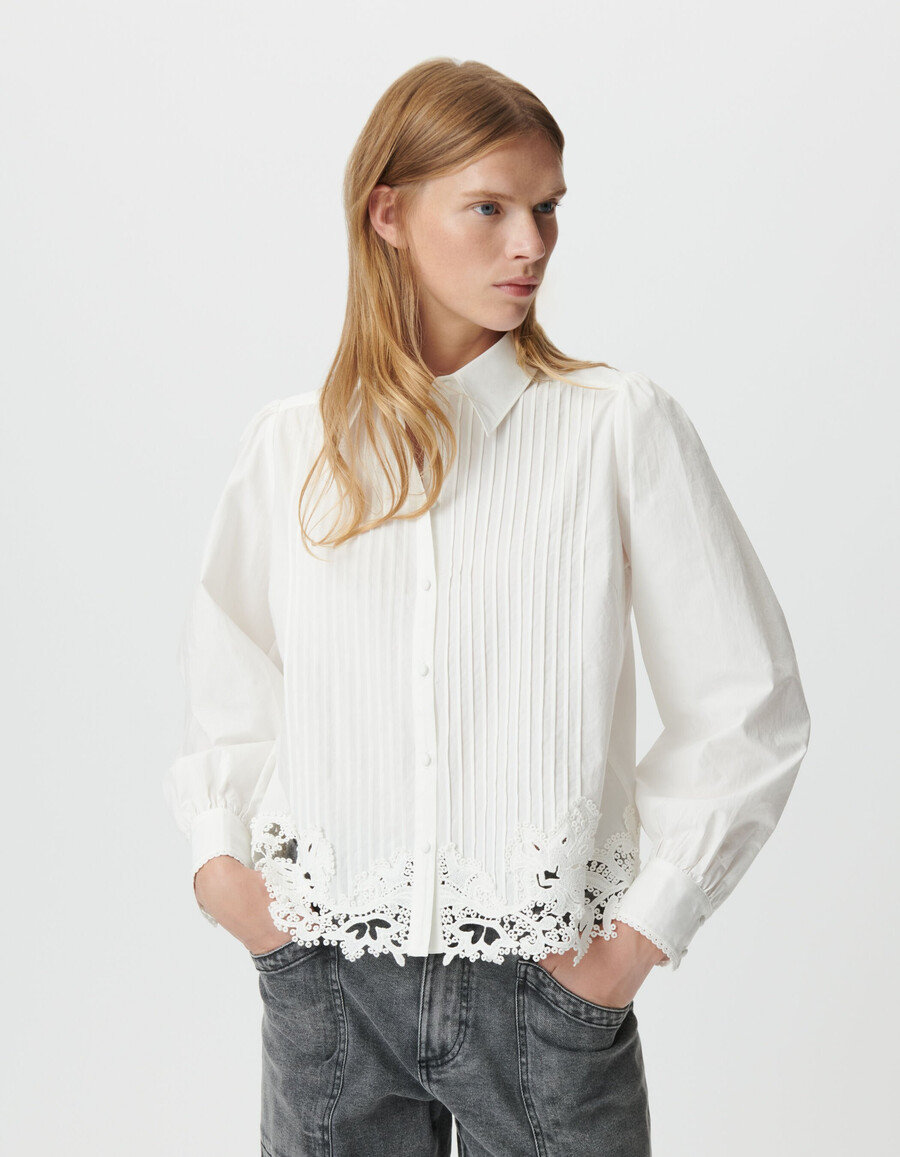 camisa de manga larga de encaje blanco para mujer