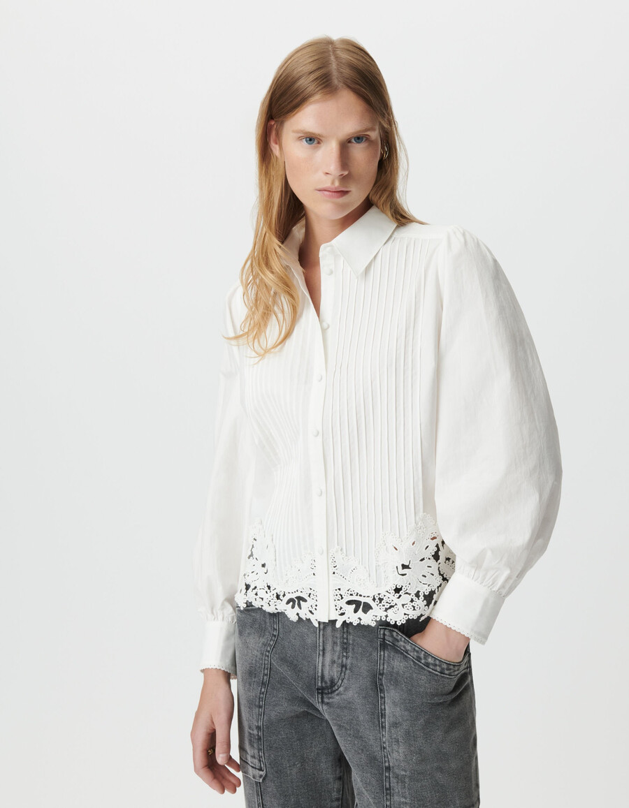 camisa de manga larga de encaje blanco para mujer