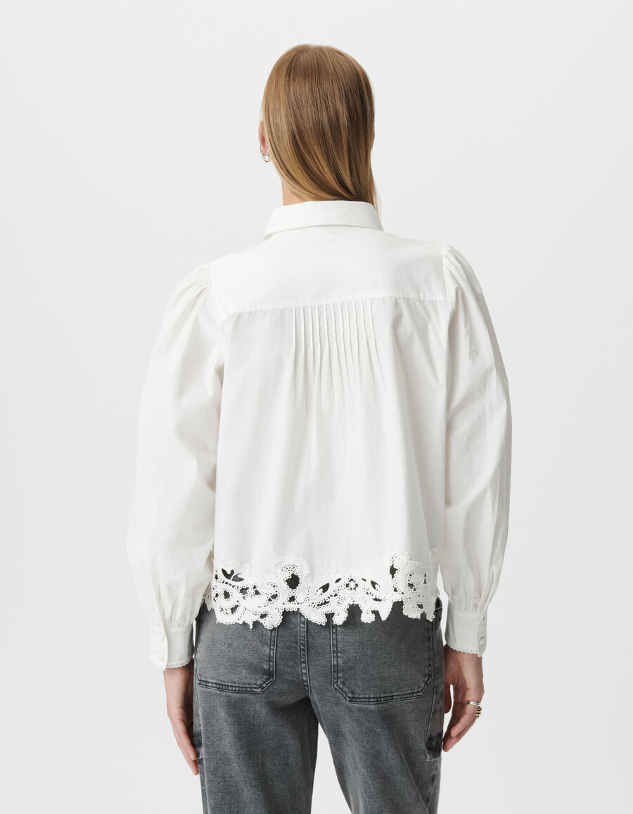 camisa de manga larga de encaje blanco para mujer
