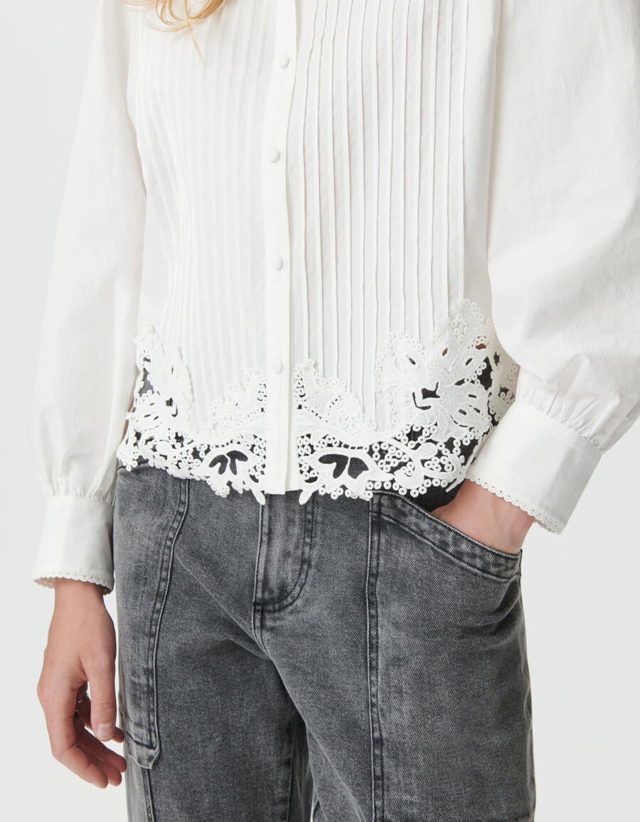 camisa de manga larga de encaje blanco para mujer