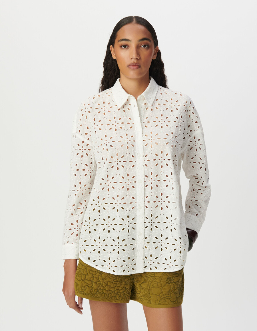 camisa de manga larga con bordado de ojales blancos para mujer