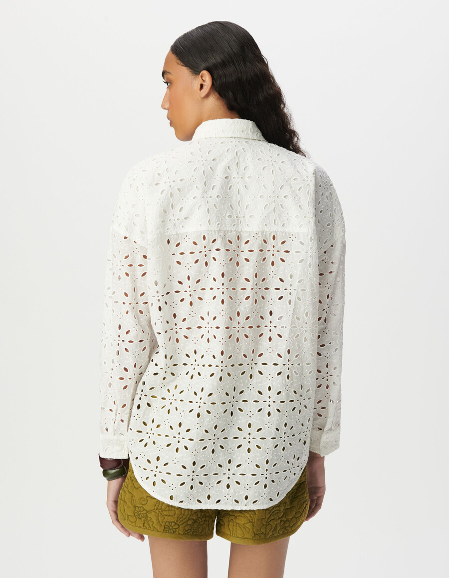 camisa de manga larga con bordado de ojales blancos para mujer