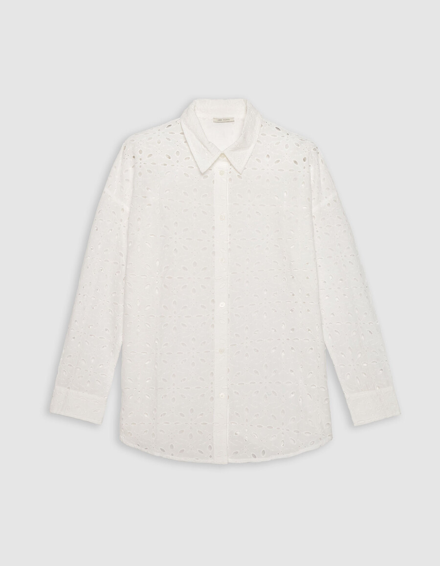 camisa de manga larga con bordado de ojales blancos para mujer
