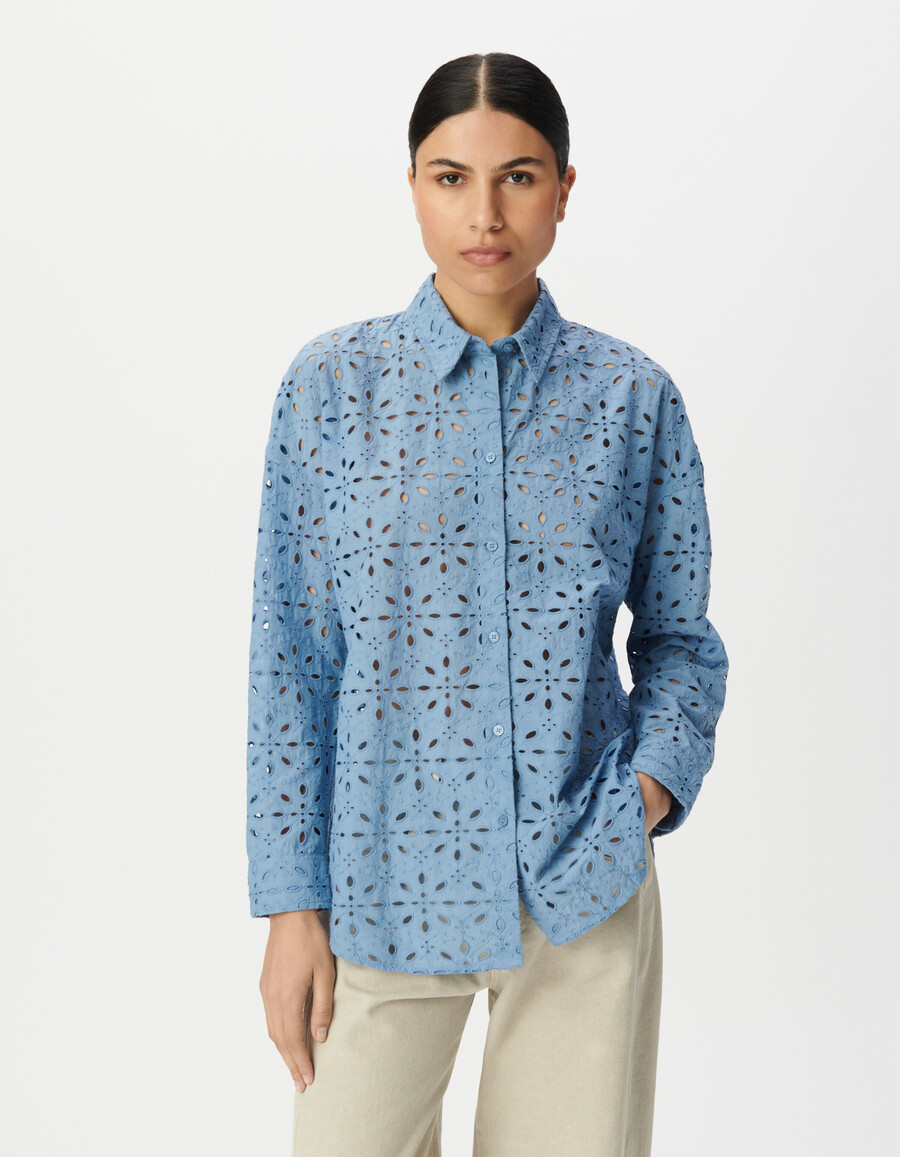 camisa de manga larga con bordado de ojales azules para mujer
