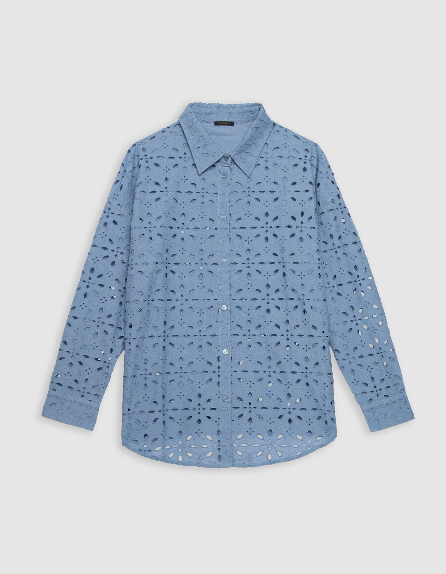 camisa de manga larga con bordado de ojales azules para mujer