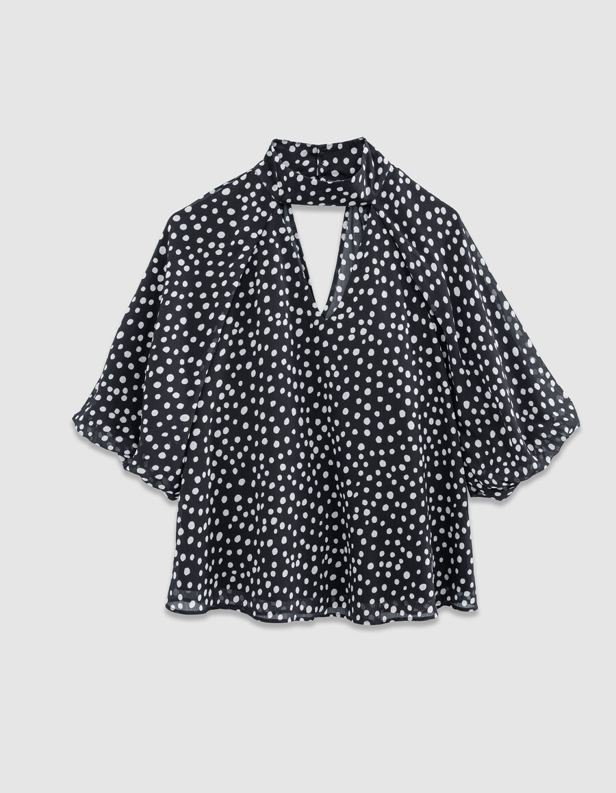 blusa fluida de lunares azul marino con mangas globo para mujer