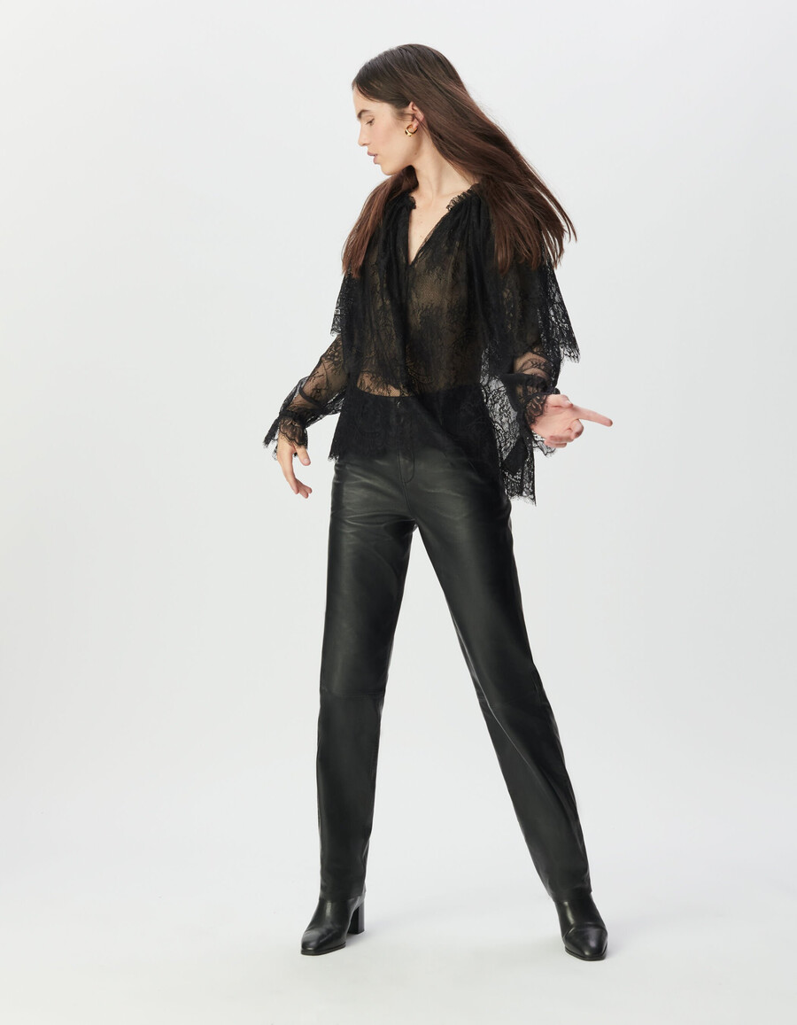 blusa de encaje negra para mujer con volantes anchos