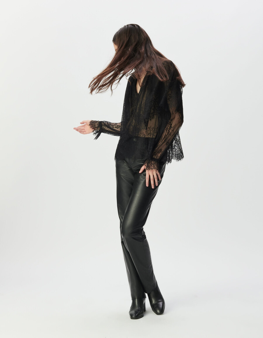 blusa de encaje negra para mujer con volantes anchos
