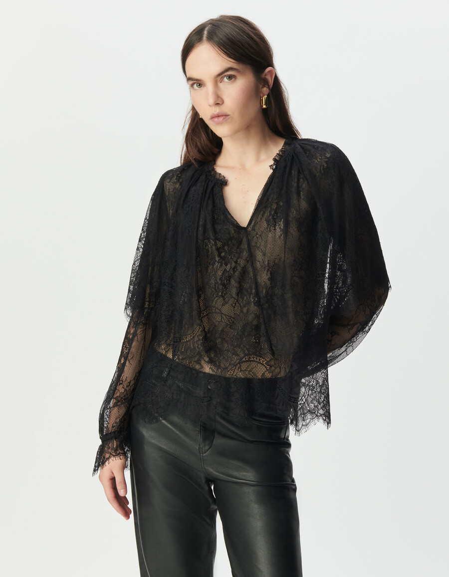 blusa de encaje negra para mujer con volantes anchos