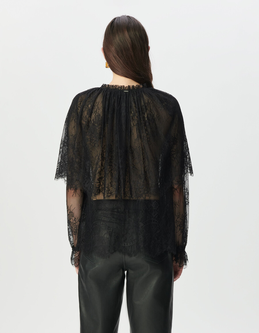 blusa de encaje negra para mujer con volantes anchos