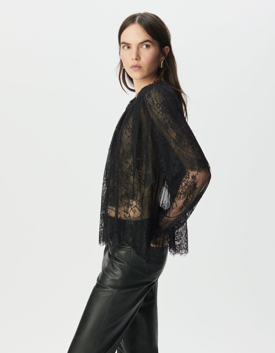 blusa de encaje negra para mujer con volantes anchos