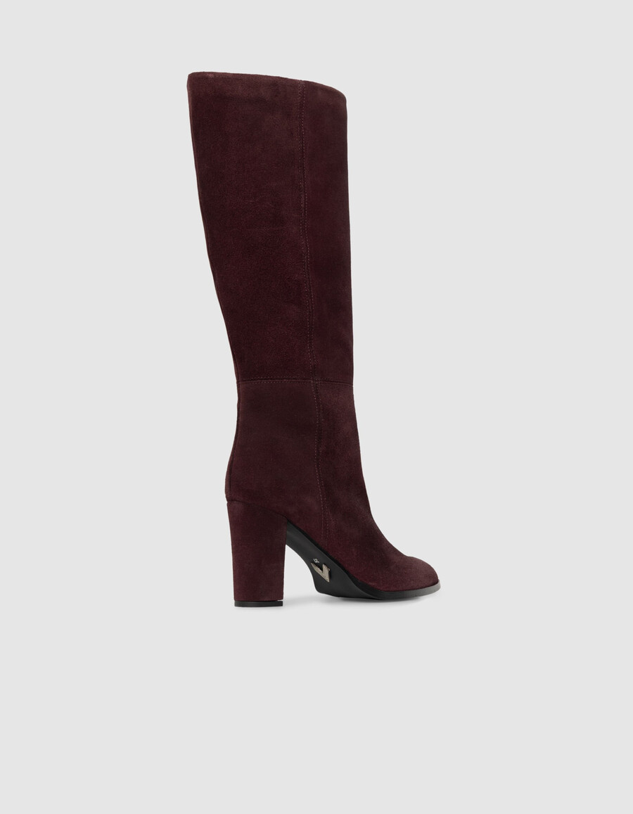 botas de tacón de ante burdeos para mujer
