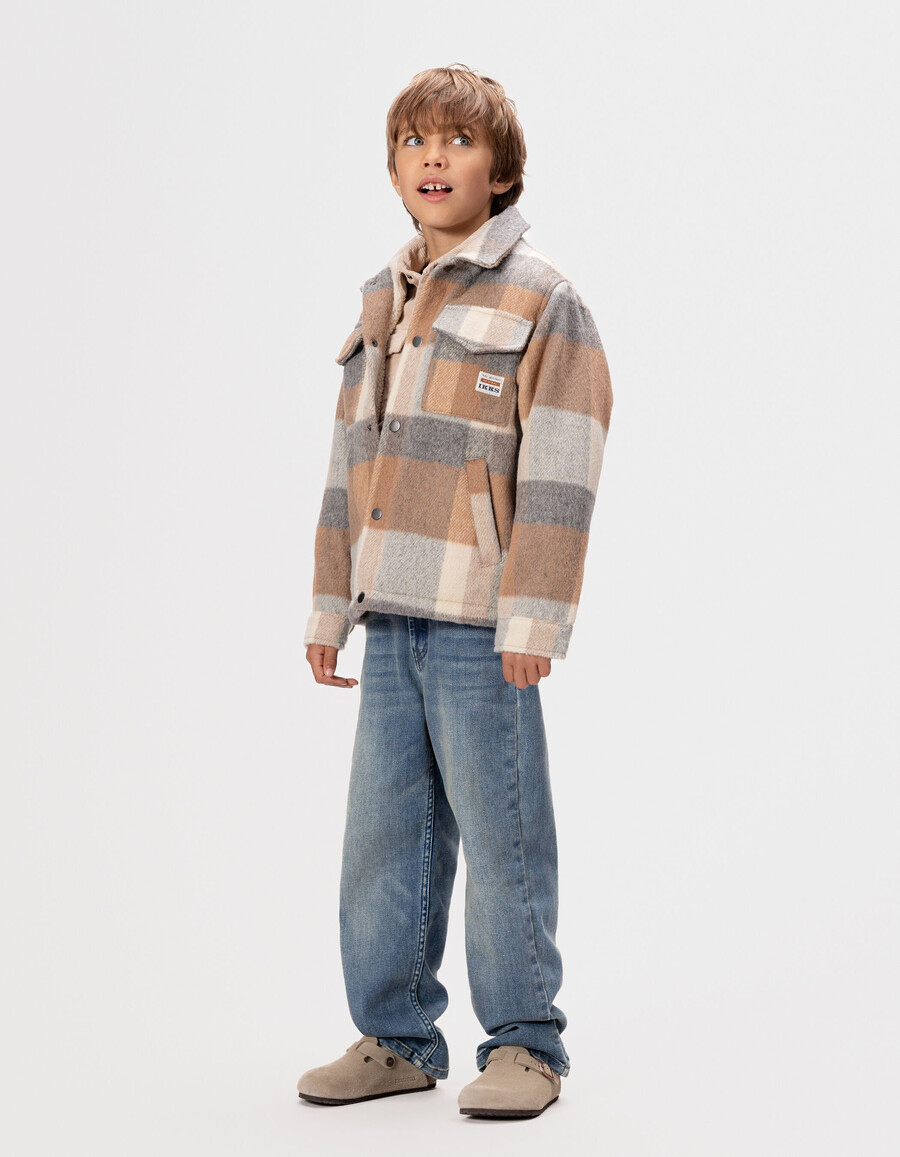 chaqueta de lana a cuadros beige con forro de piel para niño