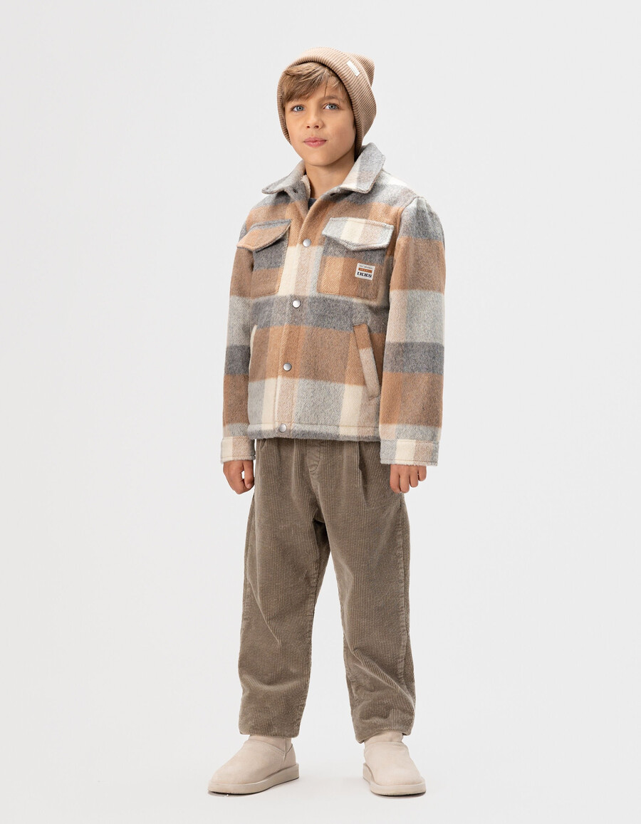 chaqueta de lana a cuadros beige con forro de piel para niño
