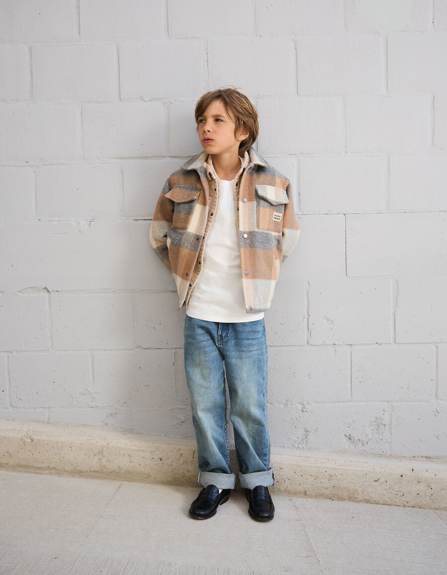 chaqueta de lana a cuadros beige con forro de piel para niño