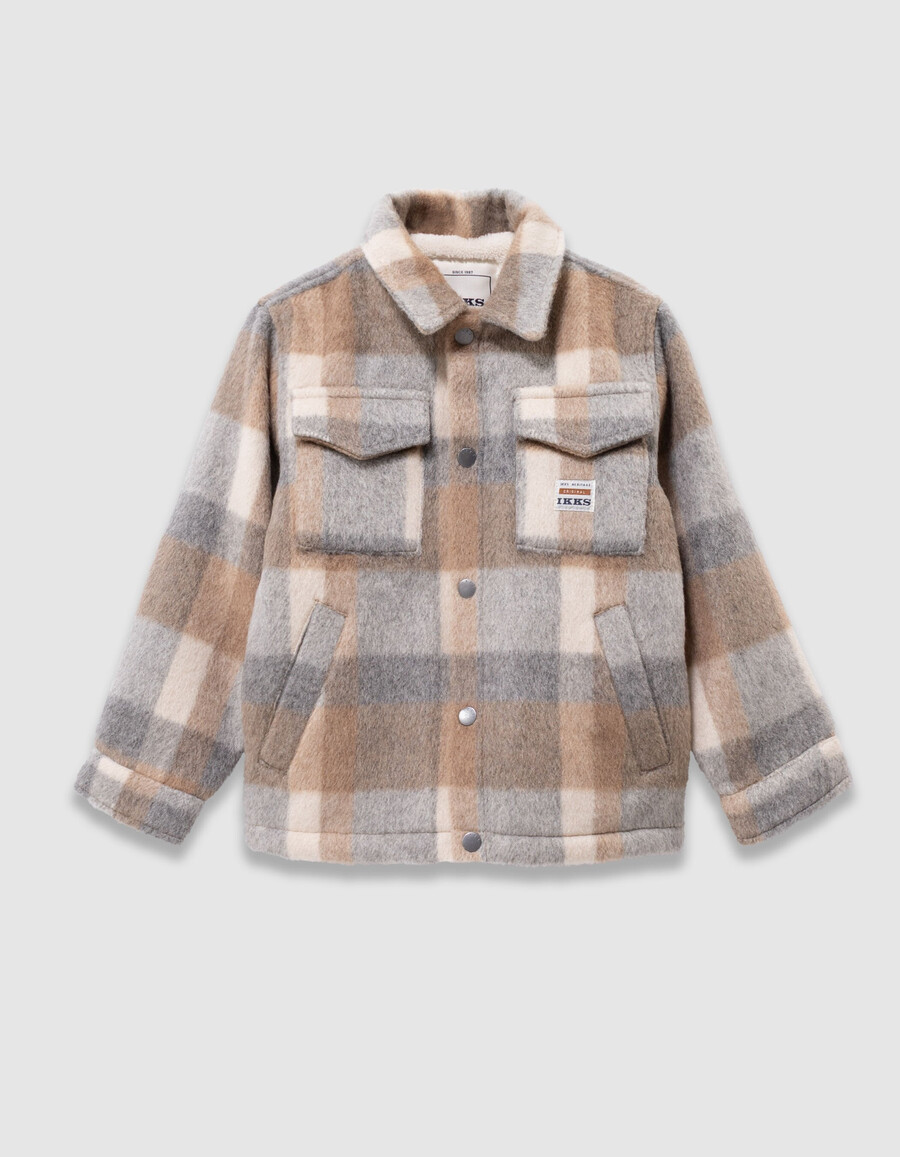 chaqueta de lana a cuadros beige con forro de piel para niño