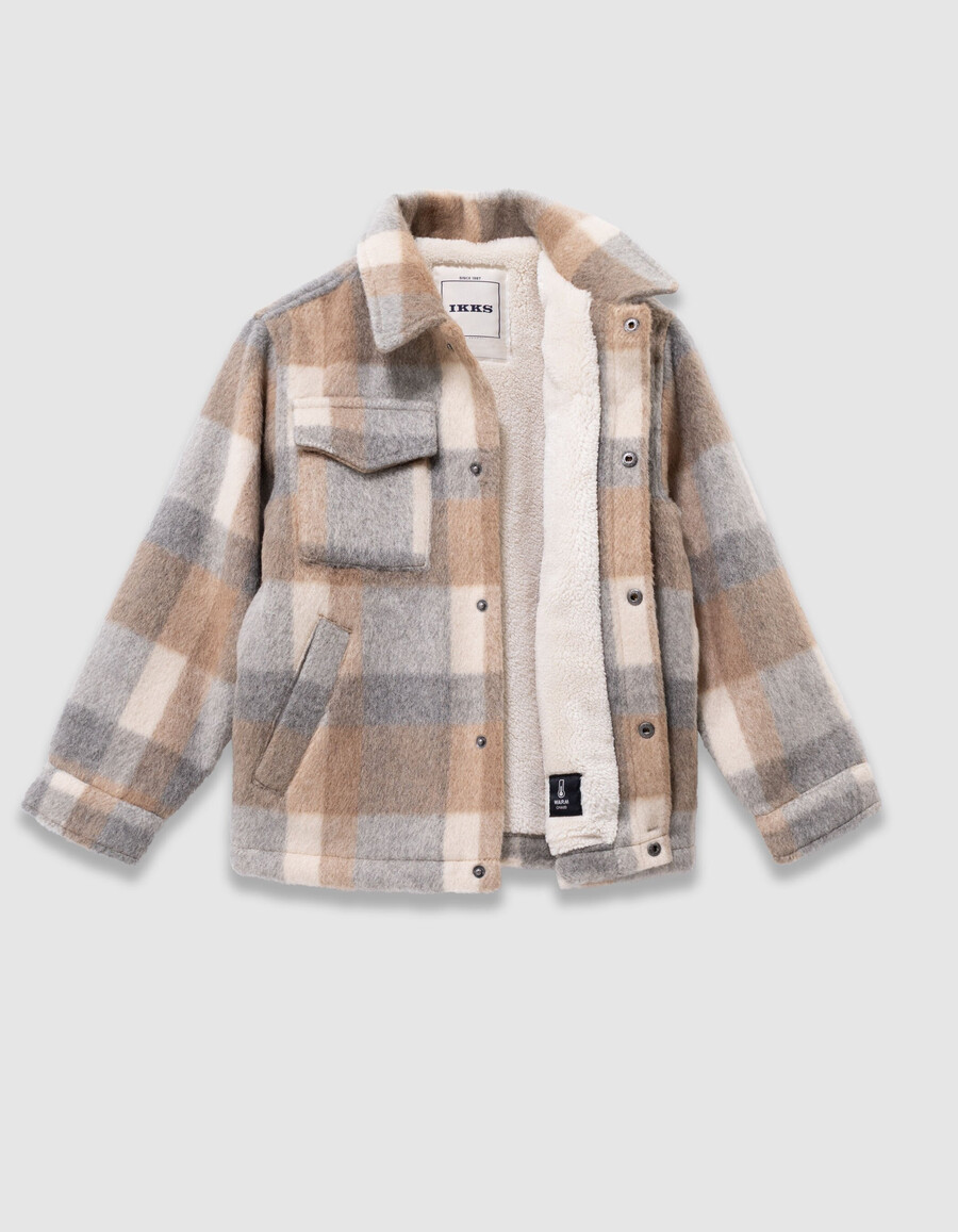chaqueta de lana a cuadros beige con forro de piel para niño