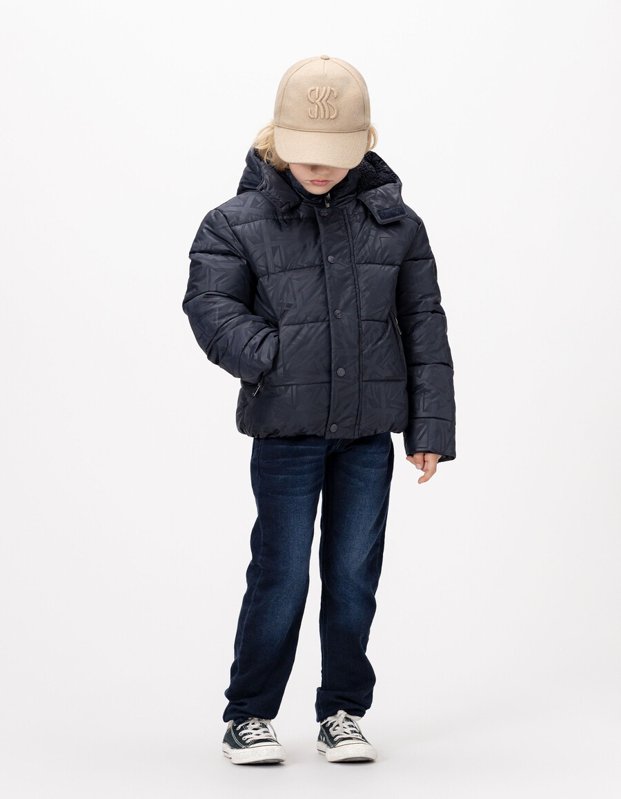 chaqueta acolchada azul marino para niño con capucha con forro de piel gráfica