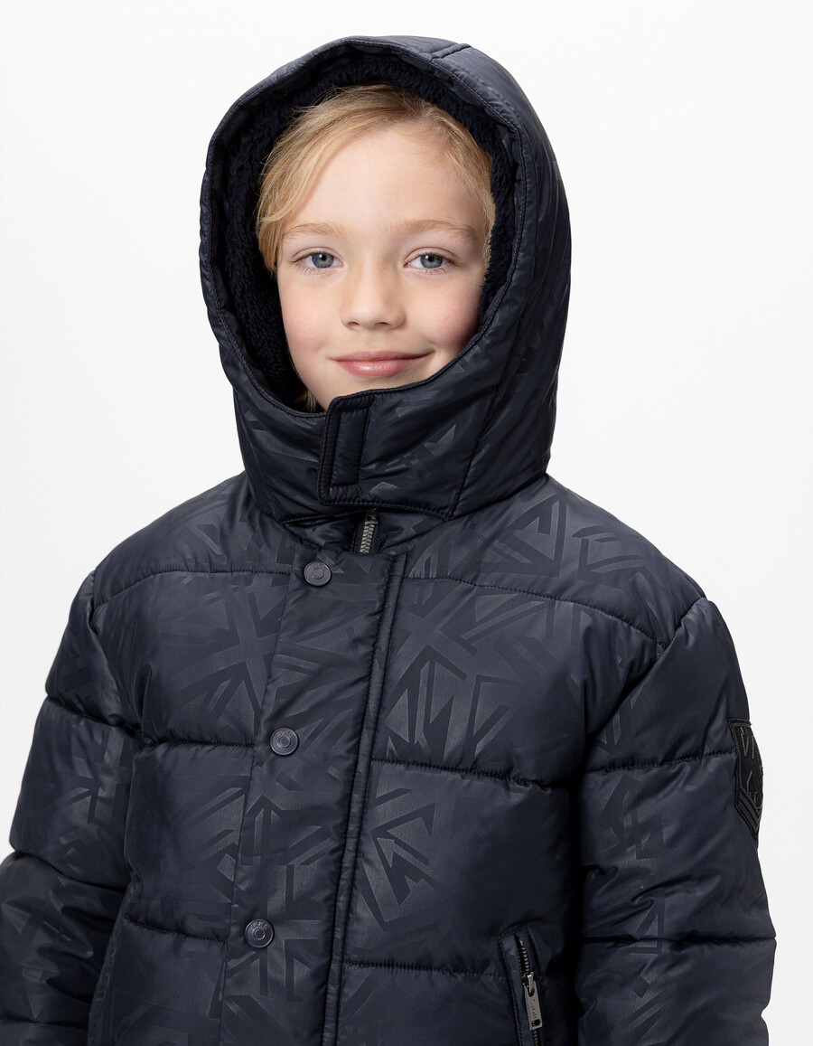 chaqueta acolchada azul marino para niño con capucha con forro de piel gráfica