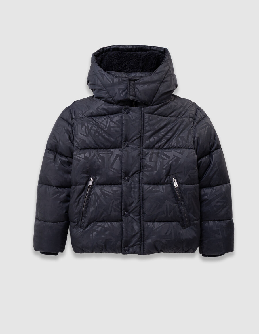 chaqueta acolchada azul marino para niño con capucha con forro de piel gráfica