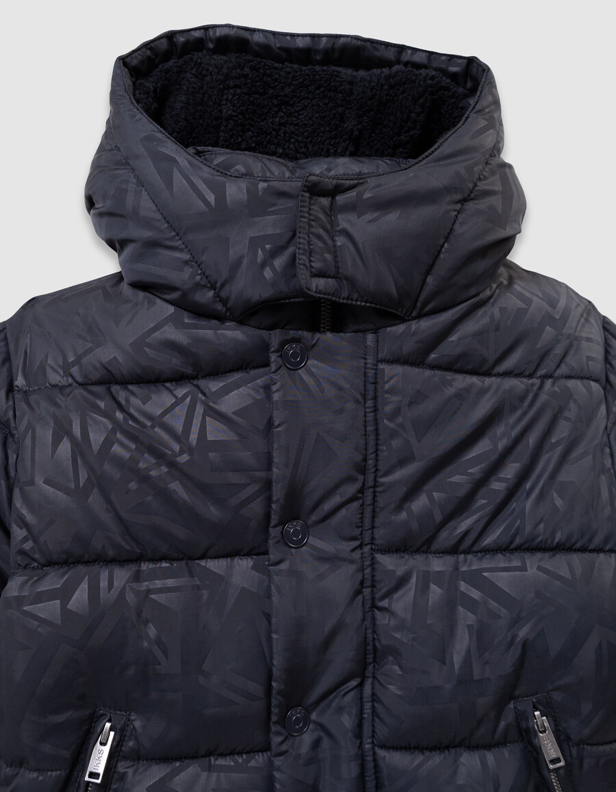 chaqueta acolchada azul marino para niño con capucha con forro de piel gráfica