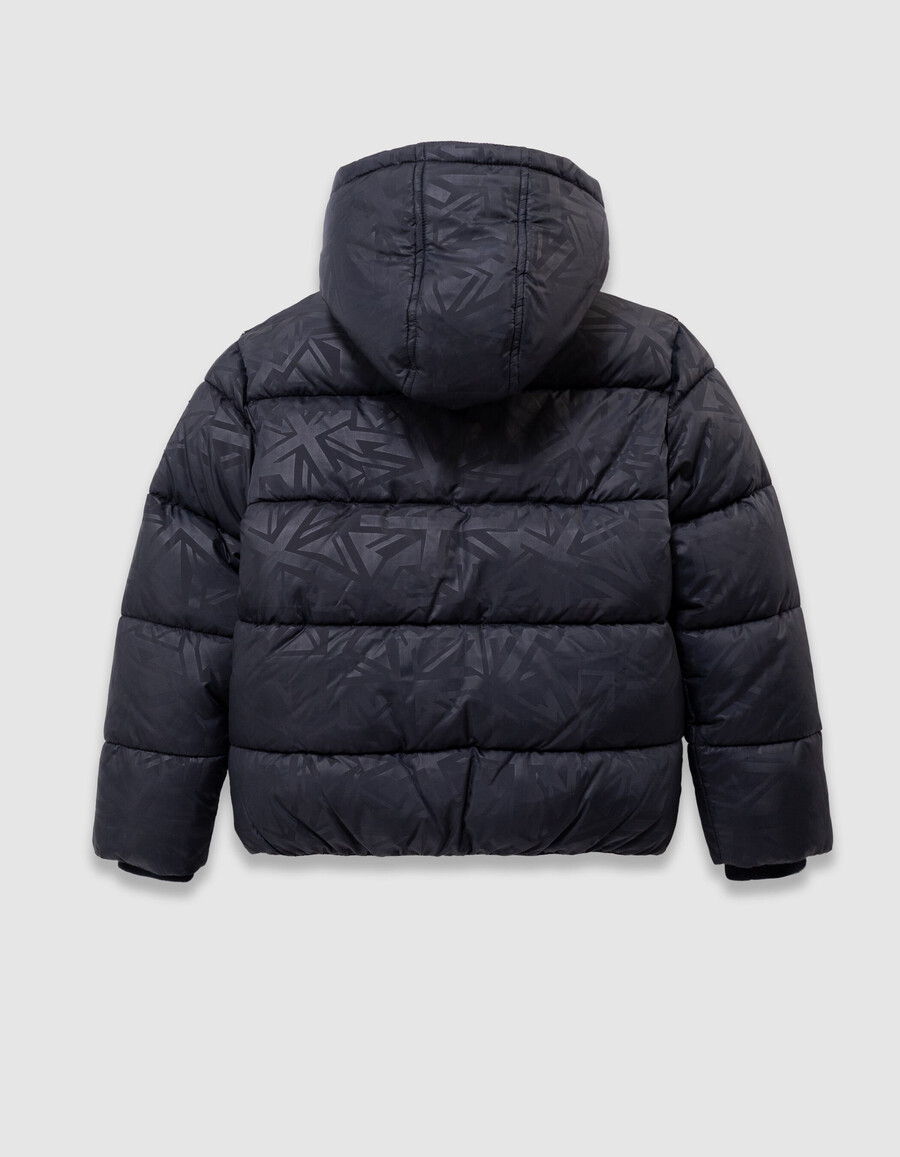 chaqueta acolchada azul marino para niño con capucha con forro de piel gráfica