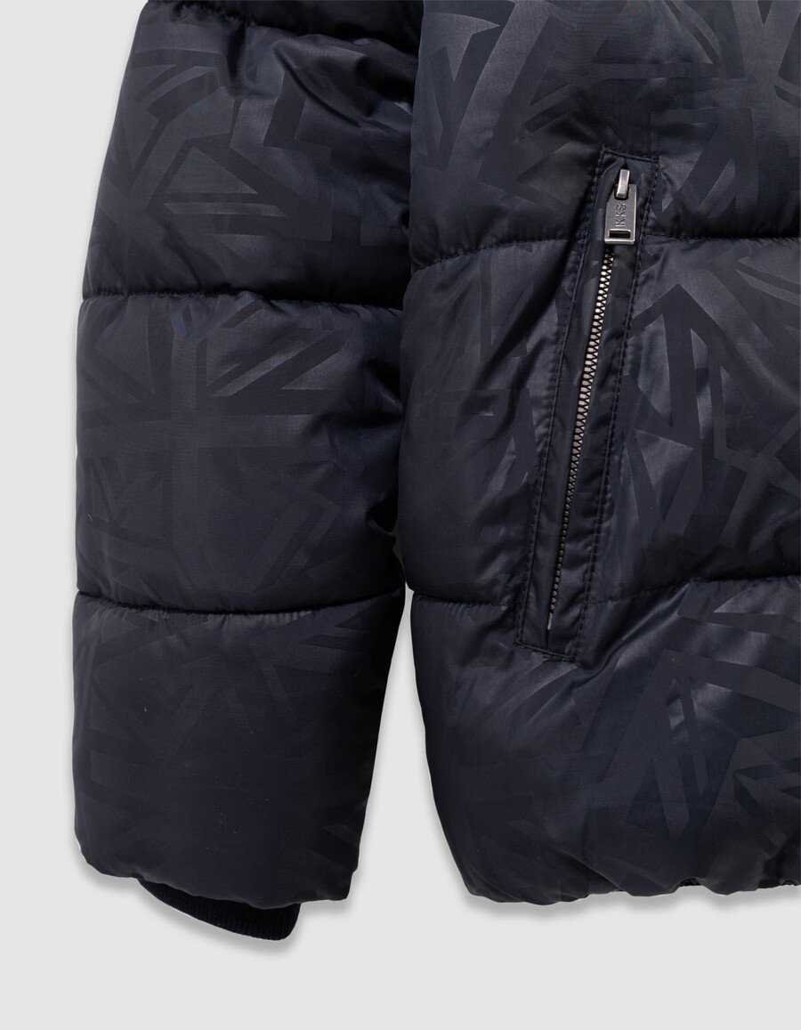 chaqueta acolchada azul marino para niño con capucha con forro de piel gráfica