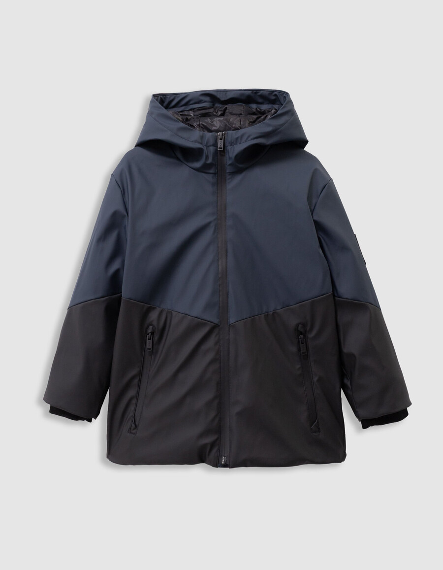 parka con capucha impermeable para niño en azul marino y negro