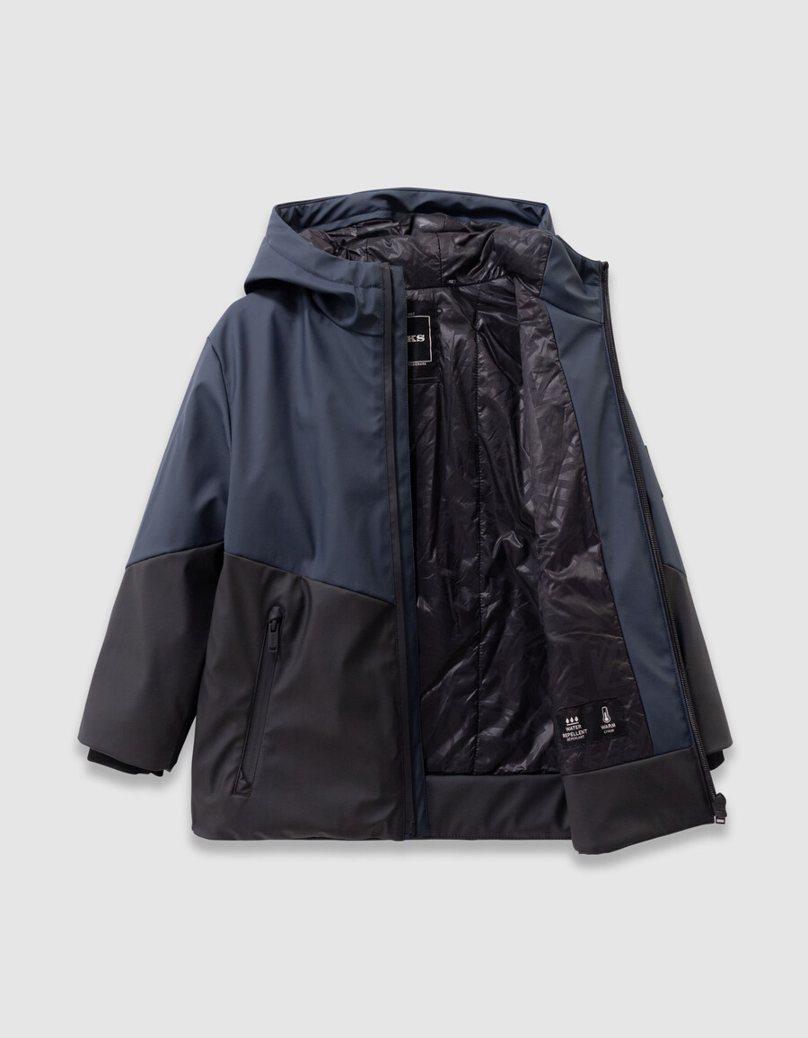 parka con capucha impermeable para niño en azul marino y negro
