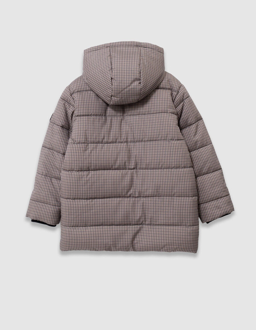 chaqueta acolchada con capucha y forro de piel a cuadros negros para niño