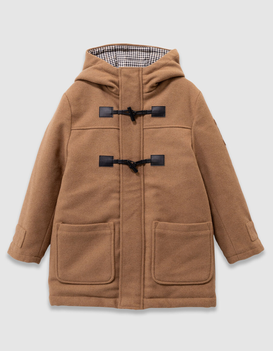 abrigo con capucha estilo trenca de lana beige para niño