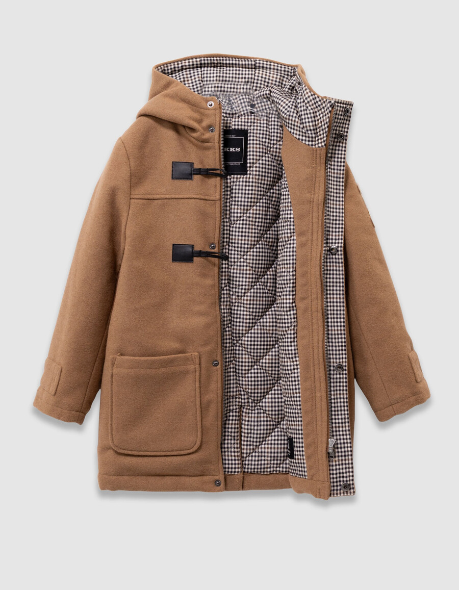 abrigo con capucha estilo trenca de lana beige para niño