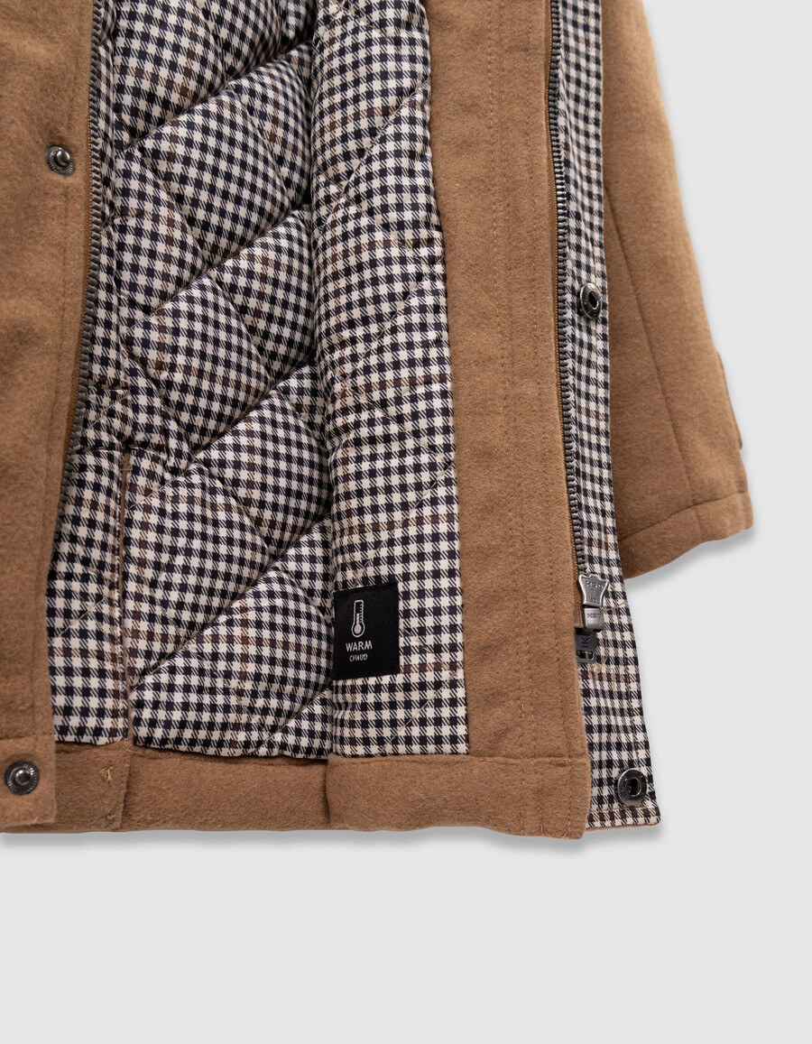 abrigo con capucha estilo trenca de lana beige para niño