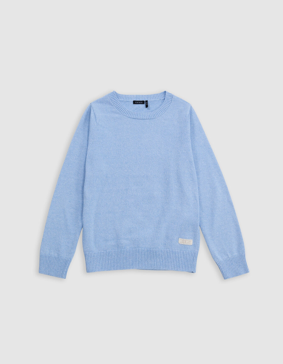 suéter de punto azul con mensaje en jacquard en la espalda para niño