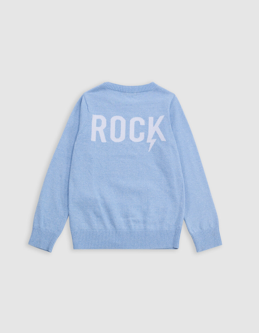 suéter de punto azul con mensaje en jacquard en la espalda para niño