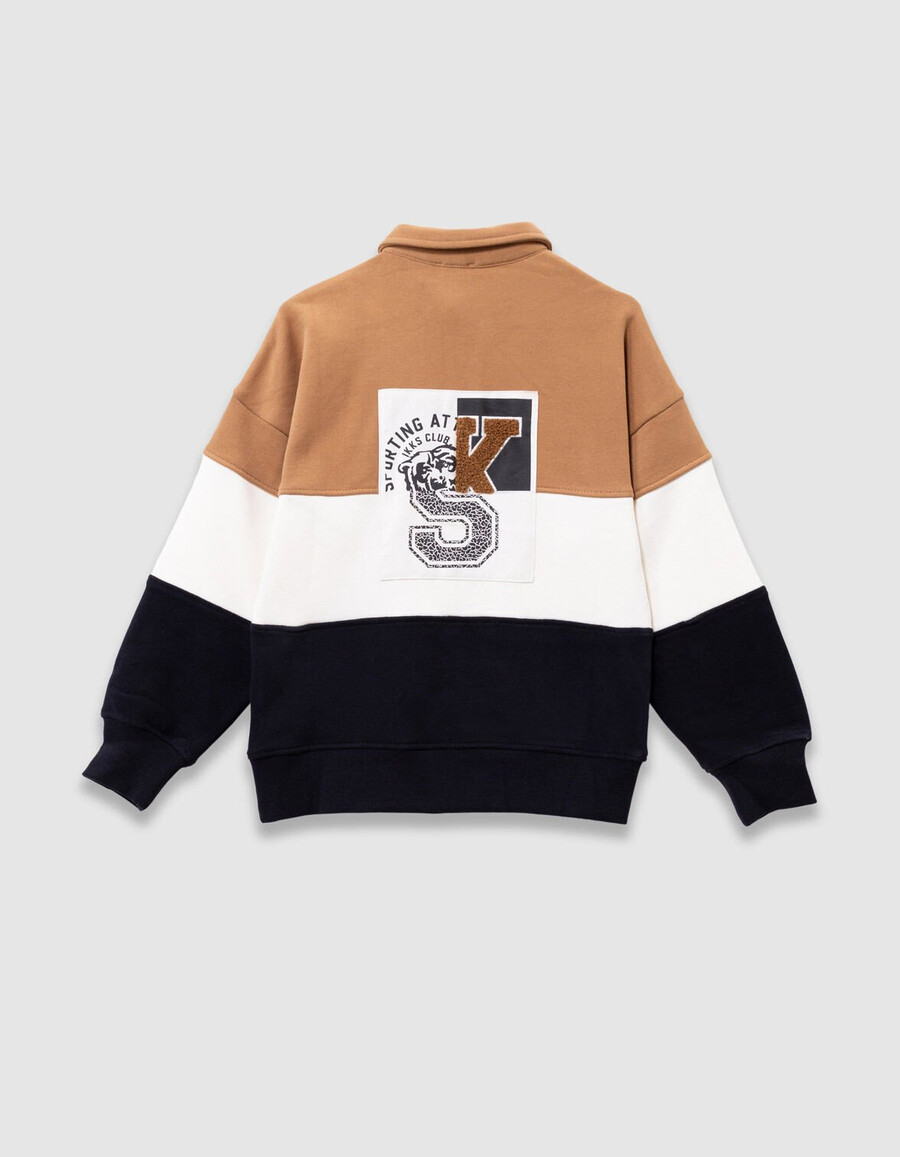 sudadera polo de algodón orgánico para niño en color camelcrudoazul marino