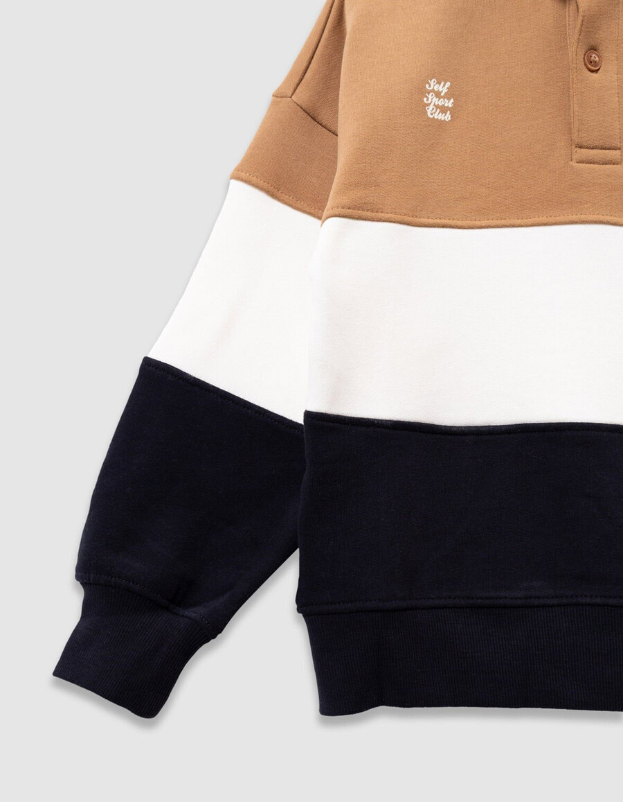 sudadera polo de algodón orgánico para niño en color camelcrudoazul marino