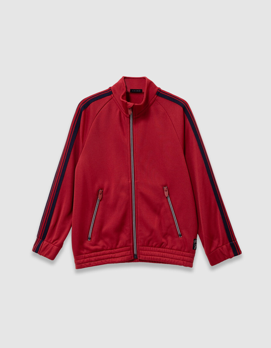cárdigan rojo con cremallera y rayas azul marino para niño