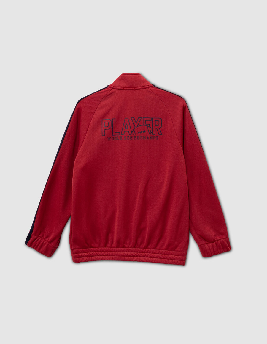 cárdigan rojo con cremallera y rayas azul marino para niño