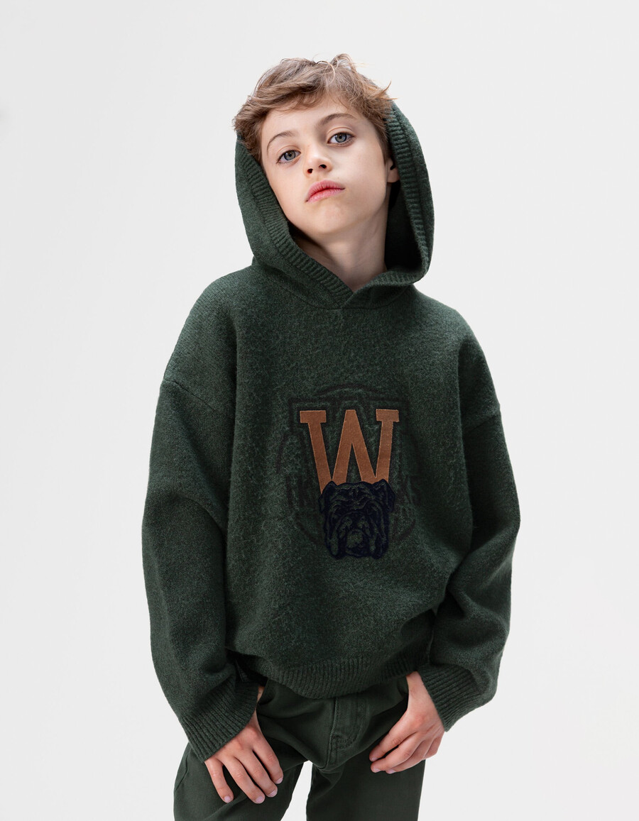 sudadera de punto verde con imagen de perro para niño