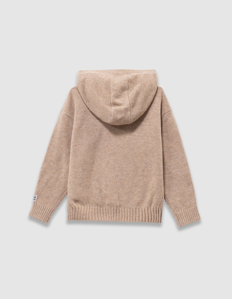 sudadera con capucha de punto beige jaspeado para niño con insignia de número