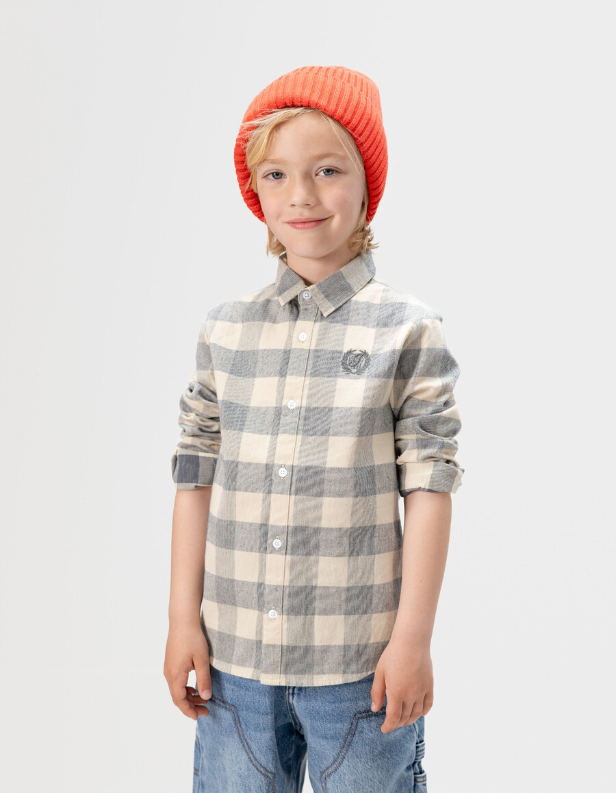 camisa de terciopelo a cuadros azul grisáceo para niño