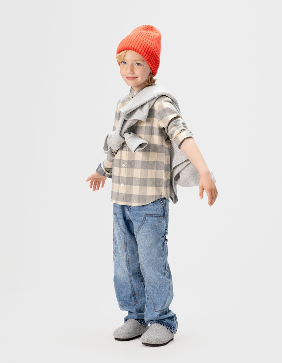 camisa de terciopelo a cuadros azul grisáceo para niño