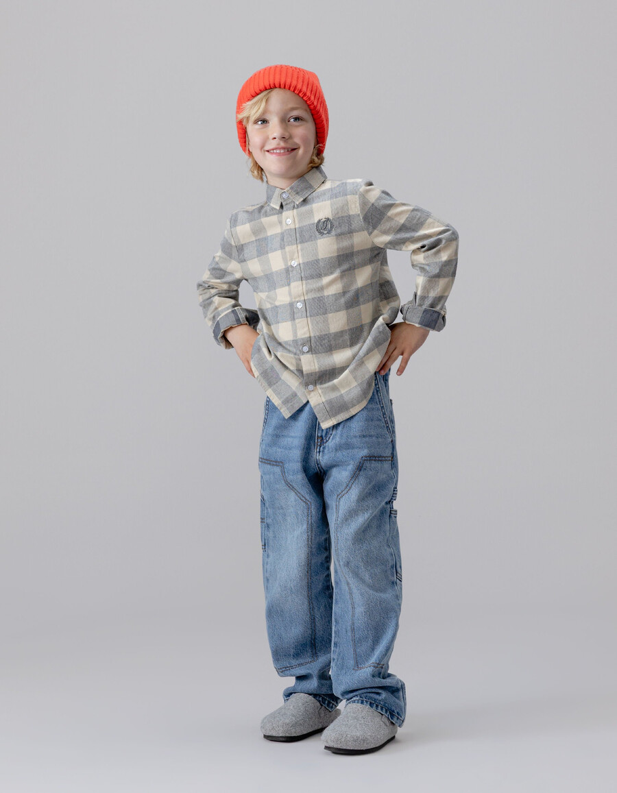 camisa de terciopelo a cuadros azul grisáceo para niño