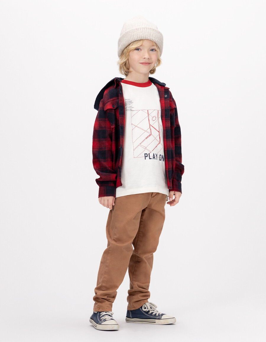 camisa de cuadros azul marino y rojo para niño con capucha desmontable
