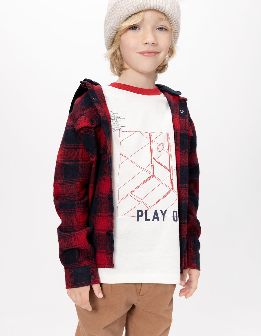 camisa de cuadros azul marino y rojo para niño con capucha desmontable