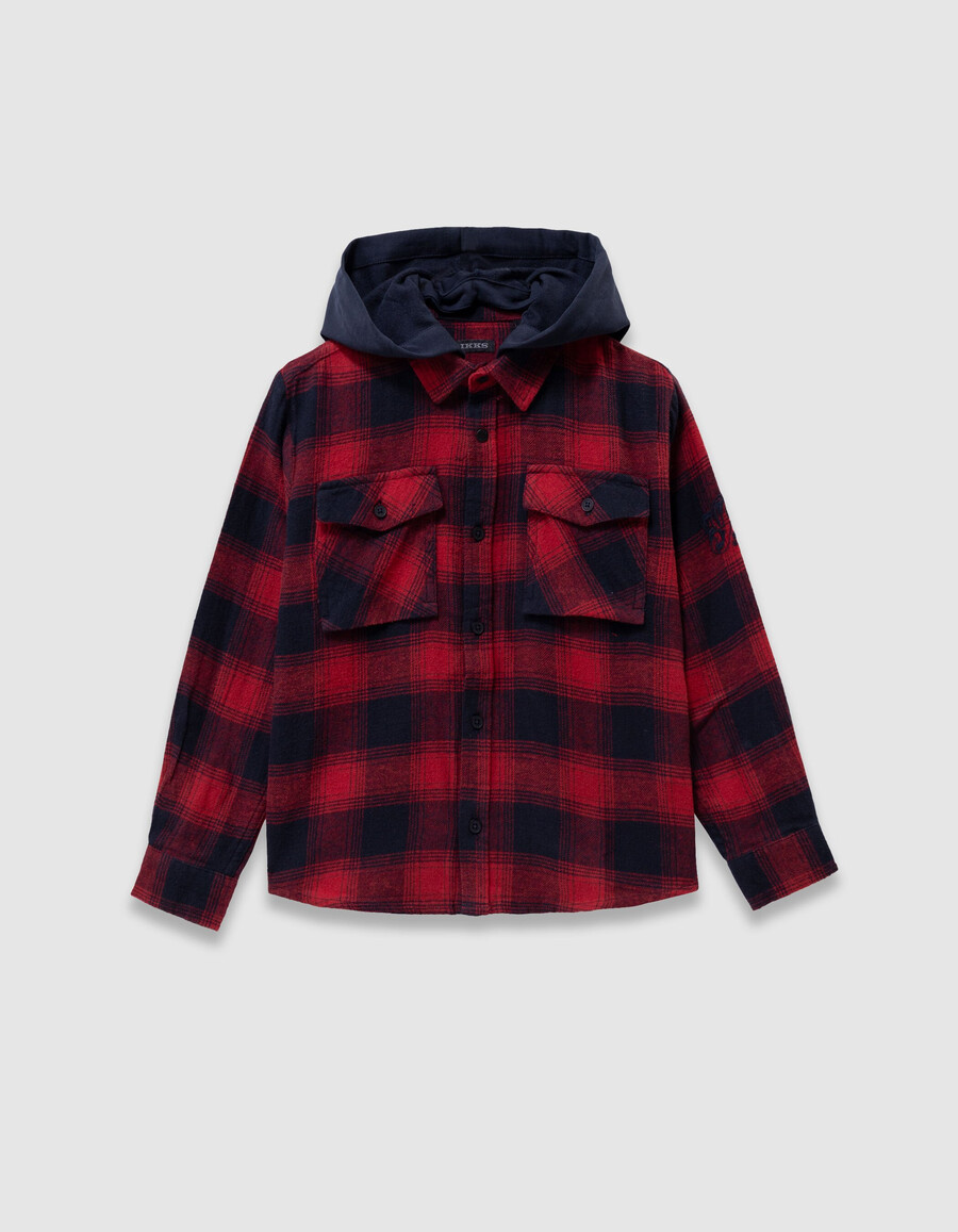 camisa de cuadros azul marino y rojo para niño con capucha desmontable